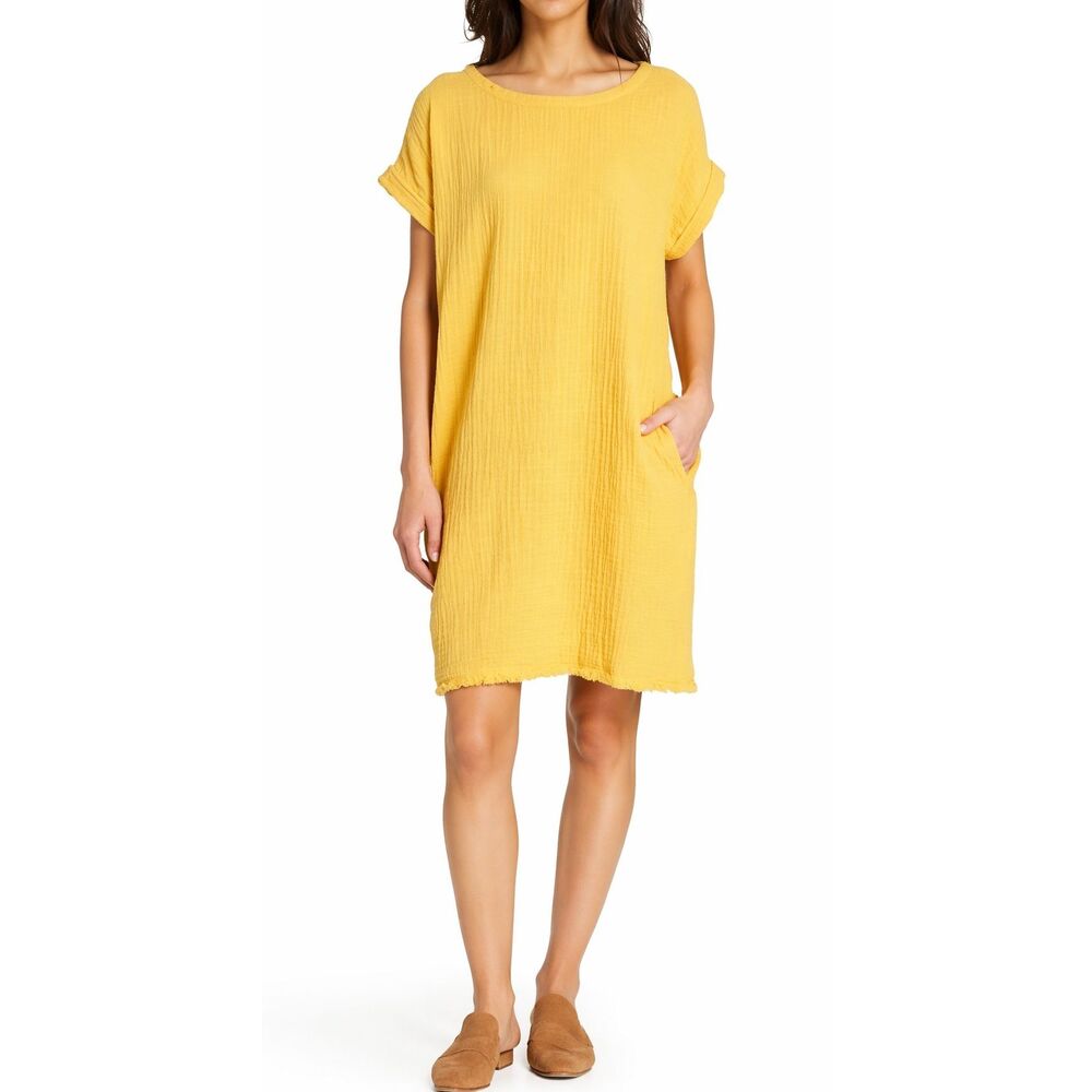 Eileen Fisher Organic Cotton Gauze Shift Dress L Boat Neck Marigold Yellow, $198